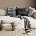 Neutral Toned Sofa With Geometric Pattern Throw Pillows And Gray Blanket