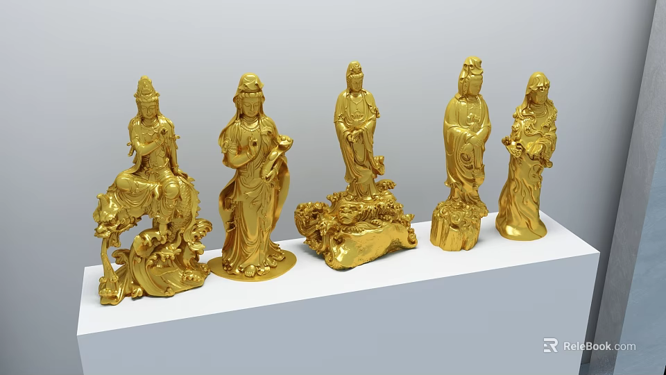 Five Golden Handcrafted Sculptures with Intricate Carving Details and Artistic Poses 3d model 