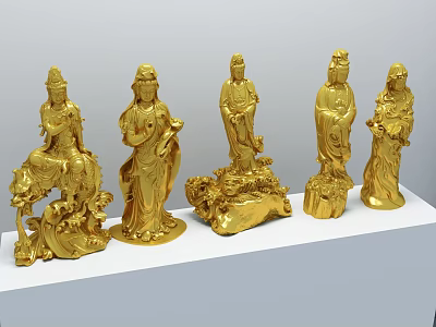 Five Golden Handcrafted Sculptures with Intricate Carving Details and Artistic Poses 3d model