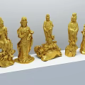 Five Golden Handcrafted Sculptures with Intricate Carving Details and Artistic Poses