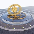 Golden Modern Sculpture With Spiral Rings On Circular Platform Concentric Design Illuminated Lights