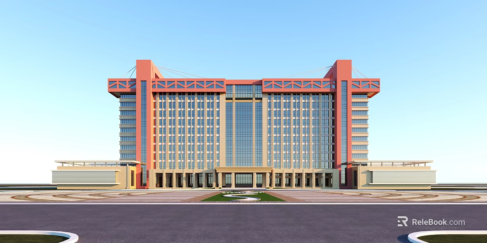 Modern Multi Story Office Building With Glass Curtain Walls Red Orange Frames And Symmetrical Design 3d model 