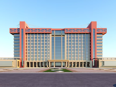 Modern Multi Story Office Building With Glass Curtain Walls Red Orange Frames And Symmetrical Design 3d model