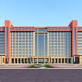 Modern Multi Story Office Building With Glass Curtain Walls Red Orange Frames And Symmetrical Design