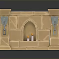 Decorative Stone Brick Fireplace With Arched Opening Two Candles And Metal Hinges