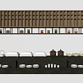 Wooden Shelf Buffet Station With Jars Chafing Dishes Clay Pots And Bowls