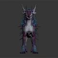Fantasy Creature With Purple Blue Feathers White Purple Body Horned Sharp Teeth Standing Pose