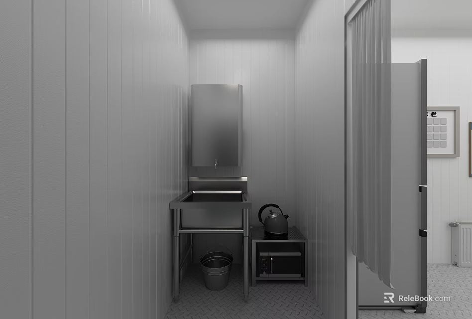 Compact Industrial Equipment Setup in Narrow Space with Sink Mirror Refrigerator and Checkerboard Floor Tiles 3d model 