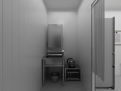 Compact Industrial Equipment Setup in Narrow Space with Sink Mirror Refrigerator and Checkerboard Floor Tiles 3d model