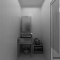 Compact Industrial Equipment Setup in Narrow Space with Sink Mirror Refrigerator and Checkerboard Floor Tiles