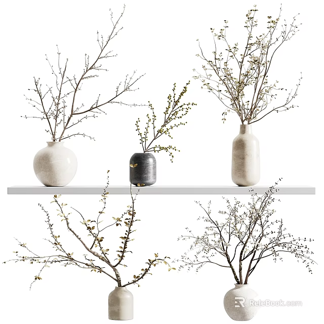 Modern Decorative Ornament Set with Ceramic Vases and Dried Branches on Floating Shelf 3d model 