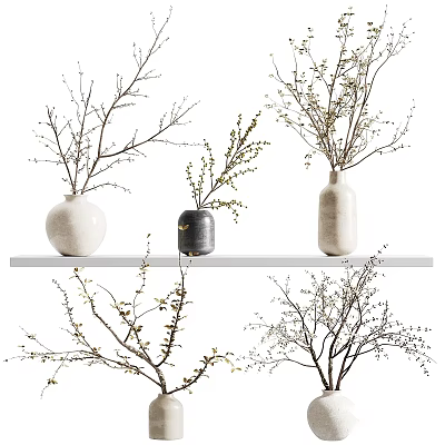 Modern Decorative Ornament Set with Ceramic Vases and Dried Branches on Floating Shelf 3d model