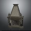 Classic Stone Fireplace With Intricate Decorative Carvings Roof Like Top And Ornate Columns