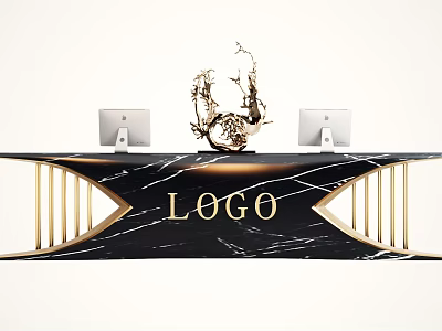 Black Marble Reception Desk With Gold Accents Two Computers And Sculpture 3d model