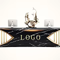 Black Marble Reception Desk With Gold Accents Two Computers And Sculpture
