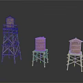 Three Wooden Water Tower Models With Different Sizes And Wooden Frames 3d model