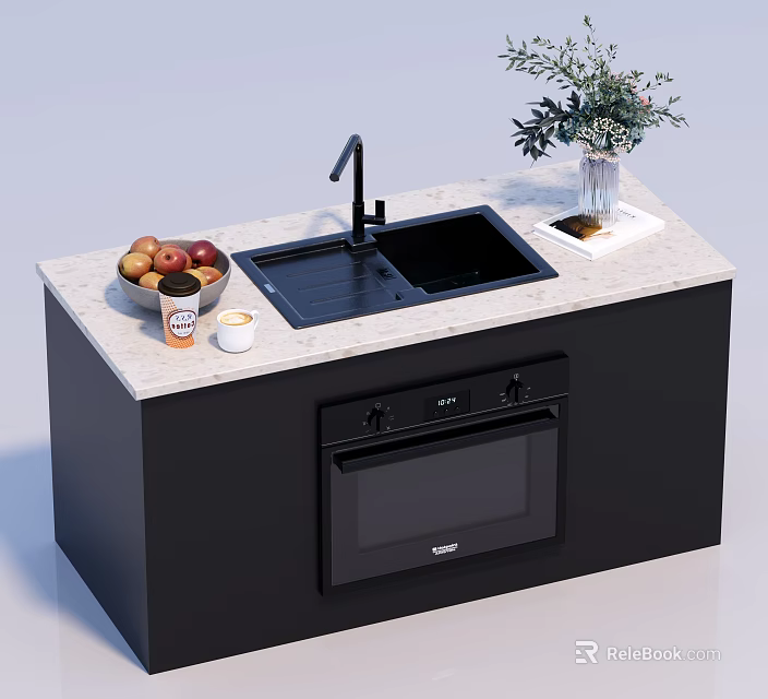 Modern Kitchen Countertop With Built in Oven Sink Fruits And Plant 3d model 