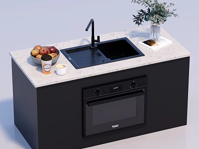 Modern Kitchen Countertop With Built in Oven Sink Fruits And Plant 3d model