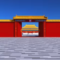 Traditional Chinese Activity Gate with Red Doors Golden Roof Ornate Decorations Against Blue Sky