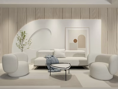 Modern Cream Sofa and Coffee Table Set with Glass Top Wooden Wall and Area Rug 3d model