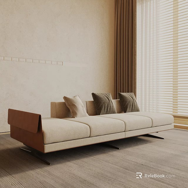 Beige Three Seater Sofa With Brown Armrests And Decorative Pillows In Modern Living Room 3d model 