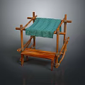 Crossed Wooden Sticks Frame With Green Striped Cloth And Wooden Bench