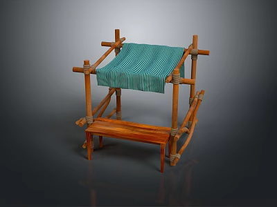 Crossed Wooden Sticks Frame With Green Striped Cloth And Wooden Bench 3d model
