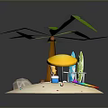Tropical Beach Landscape With Palm Tree Surfboard Yellow Umbrella And Sand