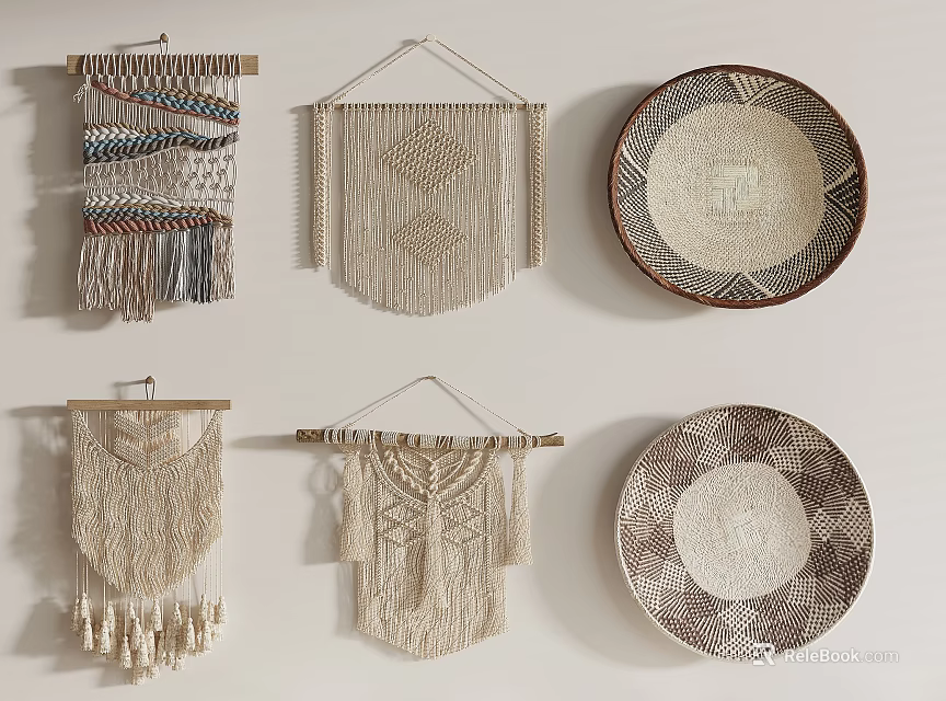 Bohemian Wall Decor Assortment With Macrame Woven Tapestries And Plates 3d model 