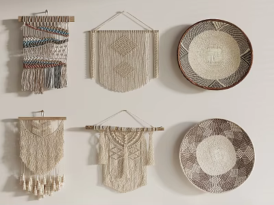 Bohemian Wall Decor Assortment With Macrame Woven Tapestries And Plates 3d model