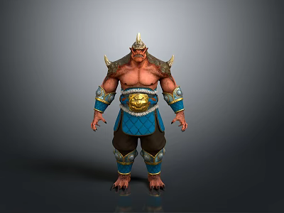 Muscular Fantasy Warrior Character With Golden Helmet Spiked Shoulders Blue Waist Guard And Ornate Details 3d model
