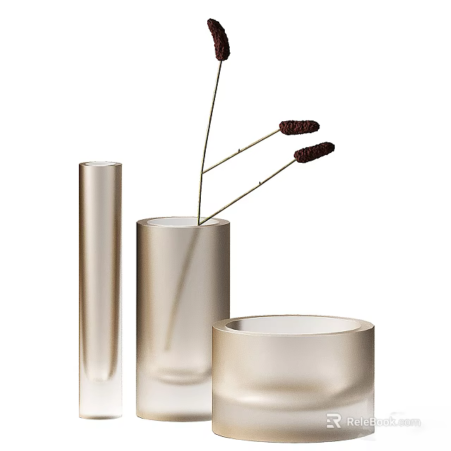 Elegant Decorative Ornament Set With Cylindrical Vases And Dried Flower Branches 3d model 