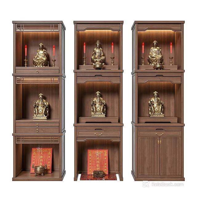 Wooden Buddhist Shrine Cabinet With Golden Buddha Statues Drawers And Red Decorations 3d model 