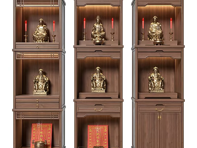 Wooden Buddhist Shrine Cabinet With Golden Buddha Statues Drawers And Red Decorations 3d model