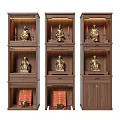 Wooden Buddhist Shrine Cabinet With Golden Buddha Statues Drawers And Red Decorations