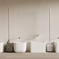 Bathroom Setup With White Washbasins Cleaning Tools Light Wall Wooden Floor