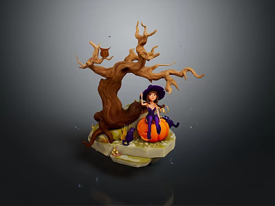 Witch Figure Sitting On Pumpkin With Dead Tree Branch In Enchanted Scene 3d model