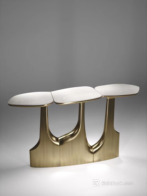 Modern Bar Design With Three White Countertops And Golden Metal Base 3d model 