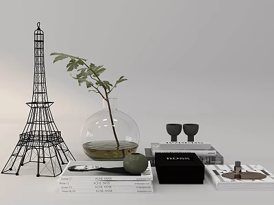 Elegant Decorative Ornament Set With Eiffel Tower Model Glass Vase And Green Plant 3d model