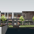 Modern Commercial Complex Featuring Outdoor Plaza Greenery and Umbrella Seating Areas