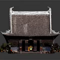Traditional Ancient Architecture Model With Tile Roof Overhanging Eaves And Surrounding Greenery