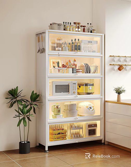 Modern Kitchen Sideboard With Glass Doors Multi Layer Storage Lighting And Appliance Compartments 3d model 