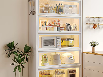 Modern Kitchen Sideboard With Glass Doors Multi Layer Storage Lighting And Appliance Compartments 3d model