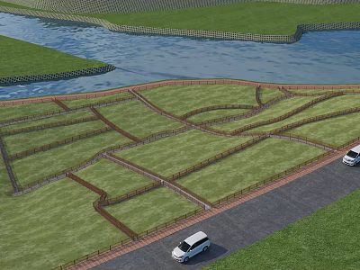 Scenic Waterfront Landscape With River Green Lawns Winding Walkways Road And White Cars 3d model