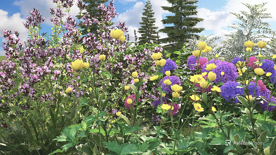 Colorful Blooming Flowers and Green Plants in Garden with Blue Sky and Tall Trees 3d model 