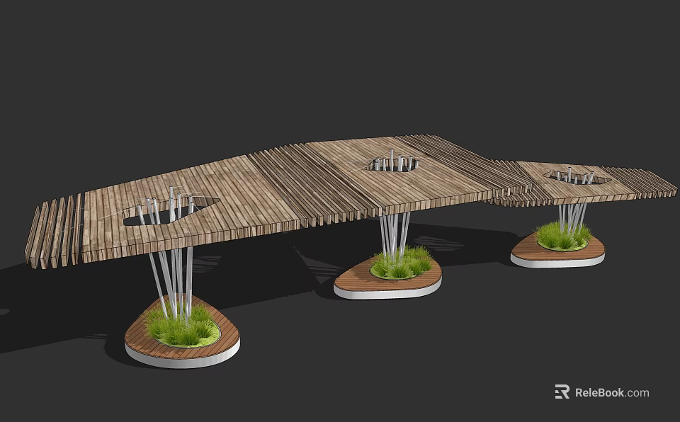 Wooden Pergola Structure With Support Columns And Circular Bases With Green Plants 3d model 