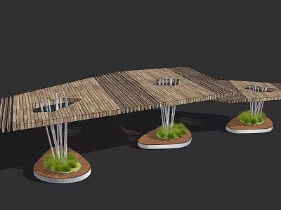 Wooden Pergola Structure With Support Columns And Circular Bases With Green Plants 3d model