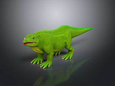 Shiny Green Reptile 3D Model With Detailed Scales Red Mouth Yellow Underbelly On Dark Background 3d model