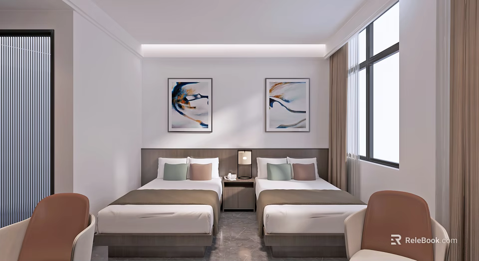 Cozy Hotel Guest Room with Twin Beds Paintings on Wall Window and Nightstand Chair 3d model 