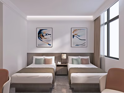 Cozy Hotel Guest Room with Twin Beds Paintings on Wall Window and Nightstand Chair 3d model